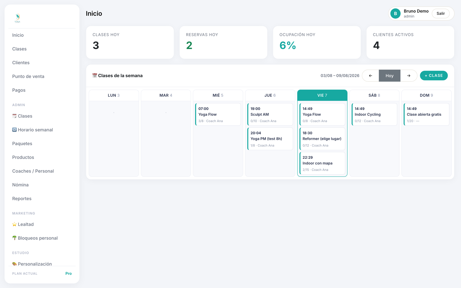 Panel de administración de RSVP Studio — clases, reservas y ocupación de la semana